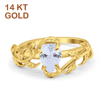 14K Yellow Gold Art Deco Leaves Pear Vintage Style Bridal Ring Simulated Cubic Zirconia Wedding Engagement Ring